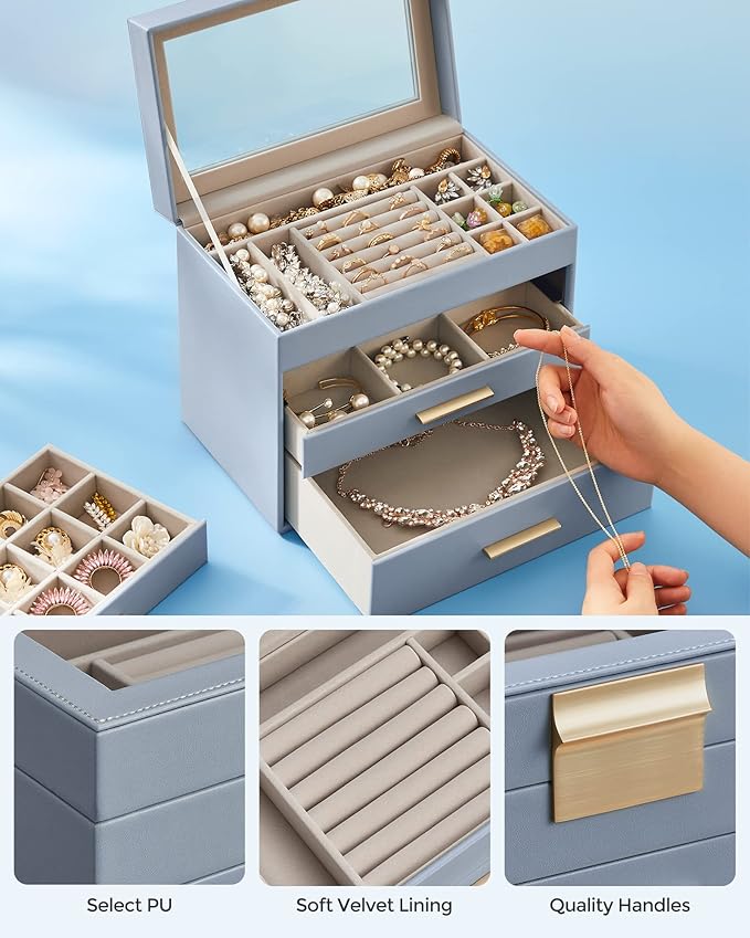 SONGMICS Jewelry Box Organizer with Glass Lid, 4-Layer Jewelry Storage, with 3 Drawers, Modern Style, Christmas Gift, 6 x 9.9 x 8.5 Inches, Smoky Blue and Gold Color UJBC161Q01