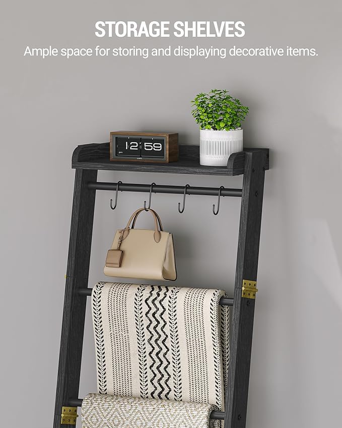 Blanket Ladder Shelf, Decorative Quilt Rack, 7-Tier Farmhouse Ladder Holder Organizer with 4 Removable Hooks, Black BR36804B