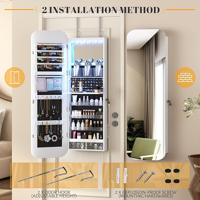 Vlsrka 47.2" LED Mirror Jewelry Cabinet, Wall/Door Mounted Full Length Mirror with Storage, Lockable Jewelry Armoire with Mirror, Rounded Corner Hanging Mirror Jewelry Organizer, White