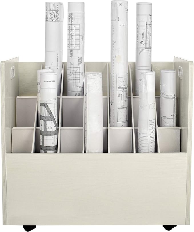 AdirOffice Adir Blue Print Storage Organizer - Mobile Roll File Cart, Construction Plan Holders, Blueprint Cabinet with Wheels, Roll Files Storage for Office and Home (21 Slots, White)