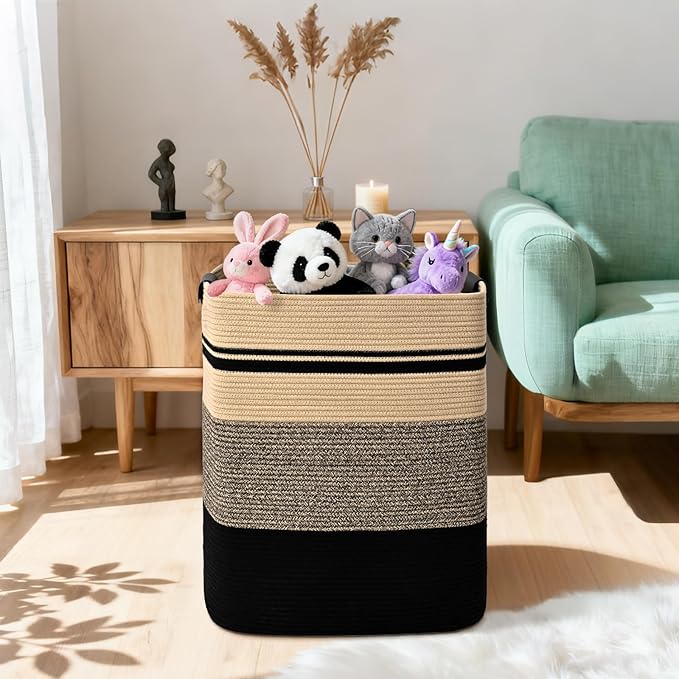 Laundry Hamper, 95L Tall Laundry Basket with Leather Handles, Rectangle Large Clothes Hamper for Organizing, Cotton Woven Laundry Baskets Storage Hampers for Bedroom, Nursery, Living Room