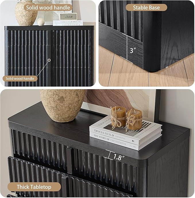 Black Fluted Dresser for Bedroom, Chest of Drawers, 48" Tall 6 Drawer Dresser, Curved Profile Design, Modern Wooden Chest of Drawers with Solid Wood Handle for Living Room, Bedroom