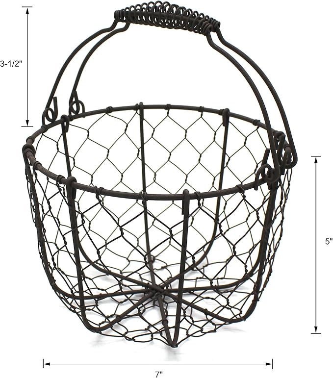CVHOMEDECO. Round Chicken Wire Egg Basket Fruit Basket with Swing Handles Primitives Vintage Gathering Basket. Rusty