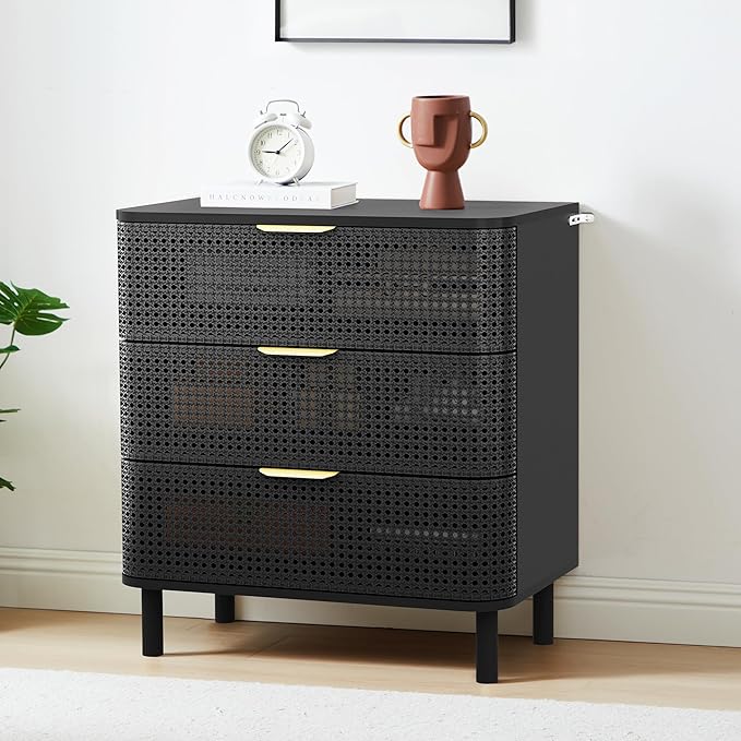 ORRD 3 Drawer Dresser, Modern Iron Rattan Cabinet Dresser for Bedroom, Large Nightstand Accent Storage Chest of Drawers for Living Room, Bedroom - Black