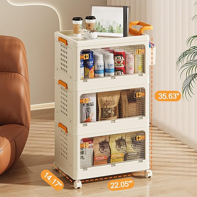 58 QT Storage Bins with Lids, Stackable Rolling Storage Cart with Clear Doors, 3 Tier Storage Cart on Wheels, Plastic Storage Containers for Home, Office, Kitchen, Bedroom, White