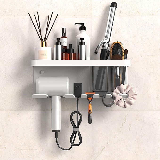 Hair Dryer Holder Wall Mounted Adhesive/Drilling, Hair Dryer Storage Organizer with Shelf & Hooks for Bathroom, Blow Dryer Holder, Hair Tool Organizer (White)