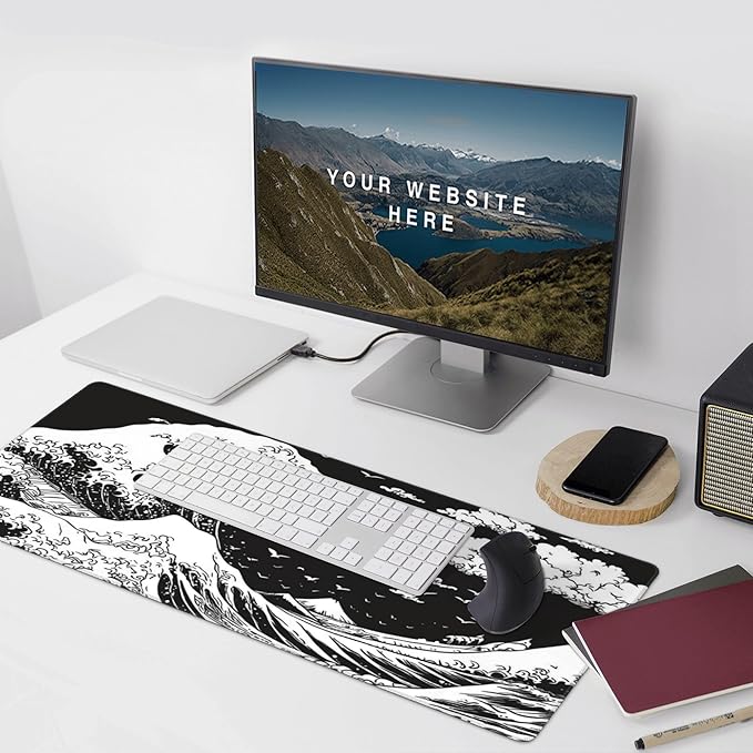Japanese Sea Wave Large Mouse Pad, Anime Style Gaming Desk Mat, XXL Keyboard Desk Pad Mat for Desktop, 35.4"x15.7" Non-Slip Base Big Mousepad with Stitched Edges