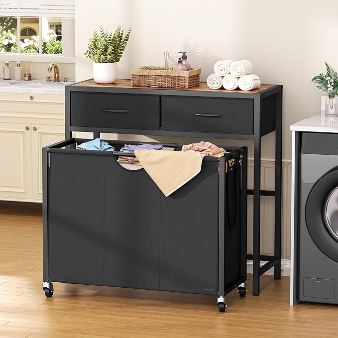 Laundry Sorter, Rolling Laundry Hamper with 3 Section Pull-Out Bags, Laundry Basket Organizer with 2 Drawers, Laundry Hamper with Wheels for Laundry Room Organization, Bathroom, Bedroom