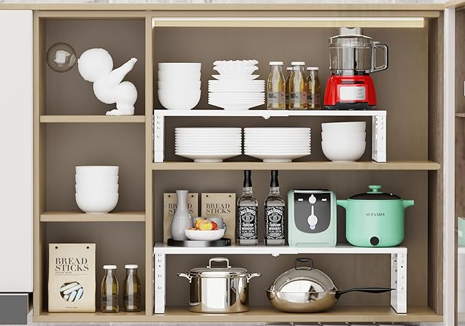 Expandable Stackable Spice Rack Organizer for Kitchen Cabinet,Adjustable Counter Shelf, countertop, Pantry,Cupboard,Bathroom,Bedroom(1Pack/White/Medium)