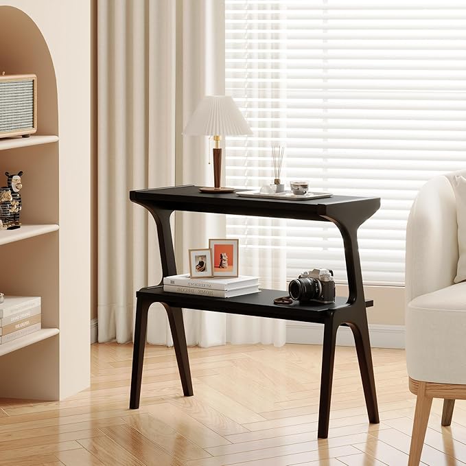 Set of 2 Solid Wood End Table, 2-Tier Side Table with Storage Shelf, Wooden Modern Accent Slim Bedside Table for Sofa, Living Room, Bedroom, Small Space, Easy Assembly, Black
