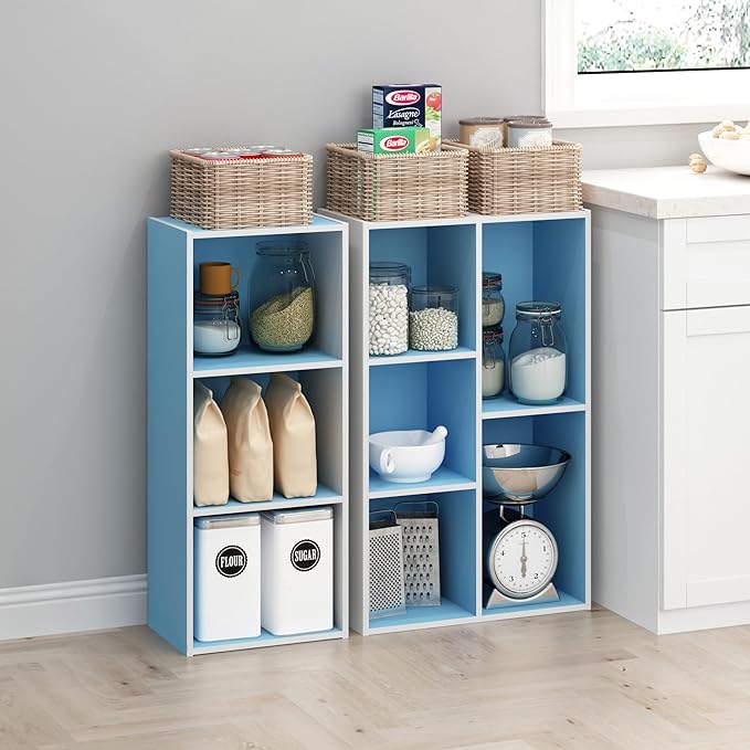 Furinno LUDER Book Shelf, 3-Cube Bookshelf, Bookcase with Open Shelves, 9.3 x 12 x 31.5, for Living Room, Bedroom, Home Office, White/Light Blue