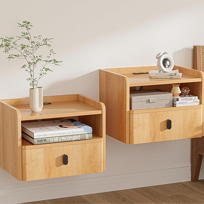 Floating Nightstand Set of 2, Modern Wall Mount Bedside Table with Drawer & Open Shelf, Space-Saving Night Stands with Charging Station, Natural Wood Finish for Bedroom