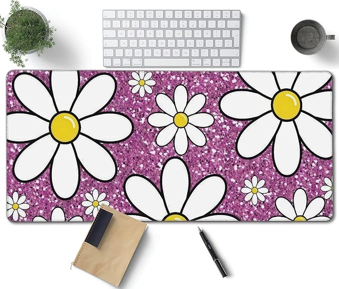Purple Sparkling Daisy Large Mouse Pad, Flowers Gaming Desk Mat, XXL Keyboard Desk Pad Mat for Desktop, 35.4"x15.7" Non-Slip Base Big Mousepad with Stitched Edges