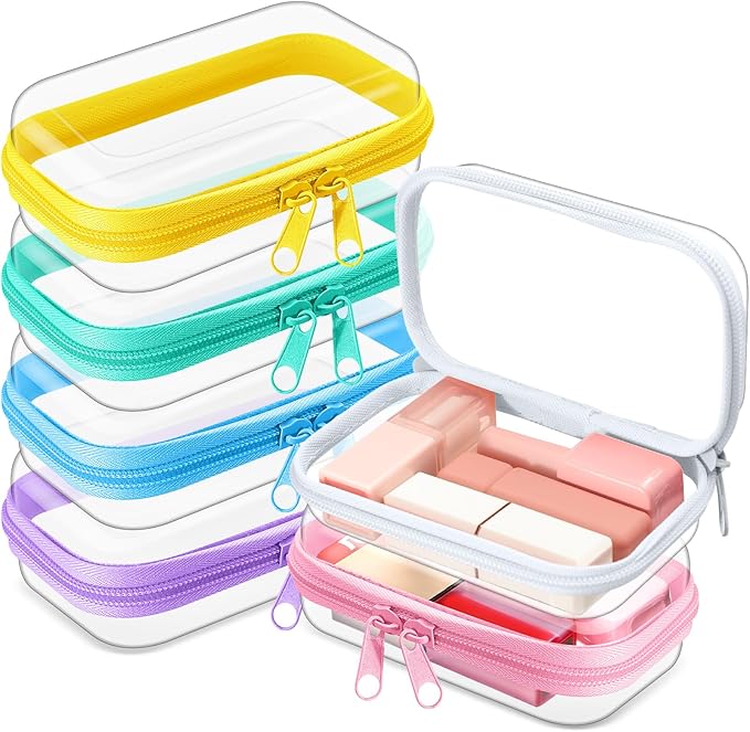 Sanwuta 6 Pcs Clear Hard Zipper Case Hard Plastic Zipper Pouches Transparent Makeup Bag Pencil Pouches for Travel Snacks Christmas Trinket Storage Organizer Box(Colorful,5 x 3 x 2 Inch)