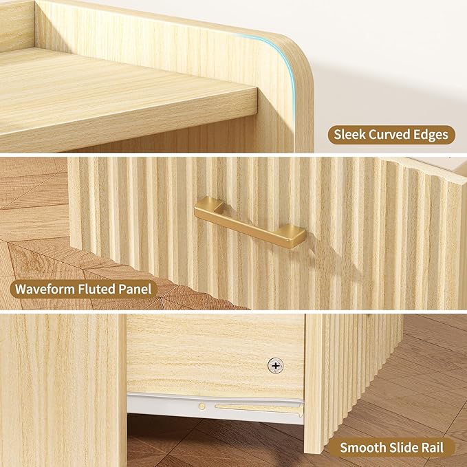 Night Stand with Charger Station, Fluted Nightstands Set of 2 with Drawer, Modern Bedside Table Set of 2, Wide Nightstands for Bedroom, Mid Century Wooden Night Stands for Home Sofa Couch