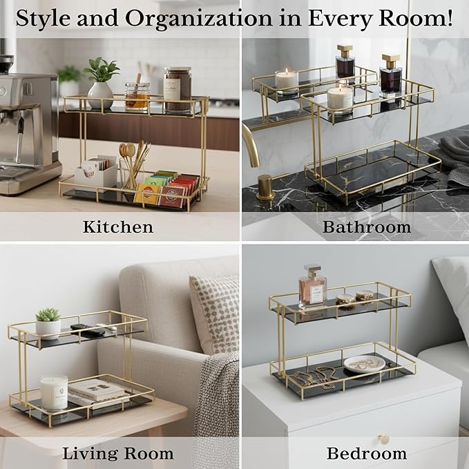 2-Tier Black Marble Bathroom Countertop Organizer – Glass Shelves & Gold Metal Frame, Stylish Vanity Storage Shelf for Perfume, Skincare, Makeup & Toiletries