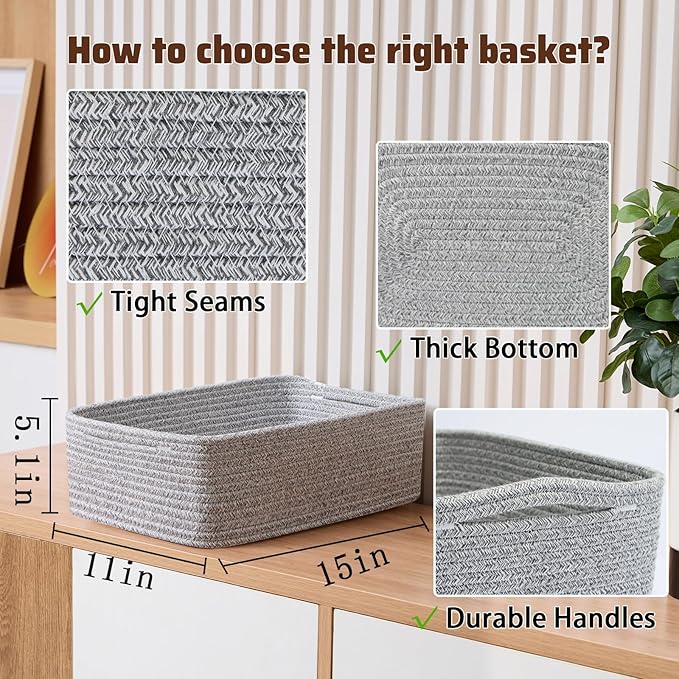Large Shallow Organizing Baskets 15x11x5.1 Inches - Rope Woven Storage Bins for Bathroom, Shelves, Cube Closet, Mixed Grey 3 Packs