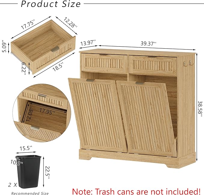 2 x 13 Gallons Double Tilt Out Trash Can Cabinet, Wooden Fluted Trash Garbage Can Cabinet with 2 Drawers, Hidden Laundry Hamper with Hooks for Kitchen Living Room, Natural Oak