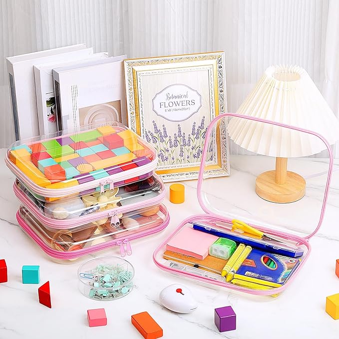 Hoolerry 4 Pcs Hard Clear Zipper Case Makeup Bags Plastic Pencil Pouch Transparent Storage Box Containers for Cosmetics, Snacks, Building Blocks, Puzzles(Pink,9.8 x 7.9 x 2 in)