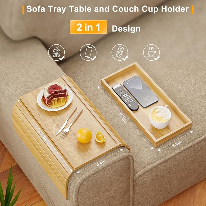 Bamboo Sofa Arm Rest Tray Table for Couch - 2-in-1 Couch Arm Table with Be Slide Detachable Tray - Anti-Slip Foldable Sofa Armchair Caddy for Drinks Cup Cellphone TV Remote Snacks (Bamboo)