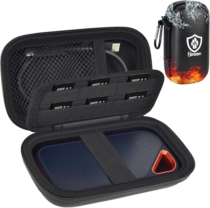 Fireproof& Waterproof Case for SanDisk Extreme Portable External SSD 500GB 1TB 2TB 4TB 8TB Solid State Drive, Zipper Travel Cable Organizer with SD SDXC SDHC Card Slots, Storage Pouch Only (Black)