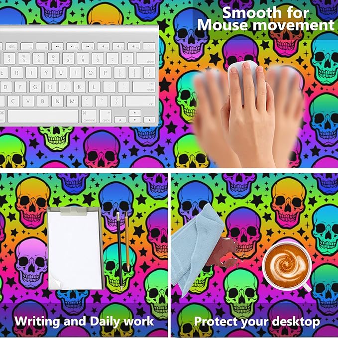 Desk Mat,Neon Skulls and Stars Extended Gaming Mouse Pad,Large Non-Slip Rubber Base Mousepad with Stitched Edges,Waterproof Mouse Mat Desk Pad for Office Game Home 35.4x15.75 in