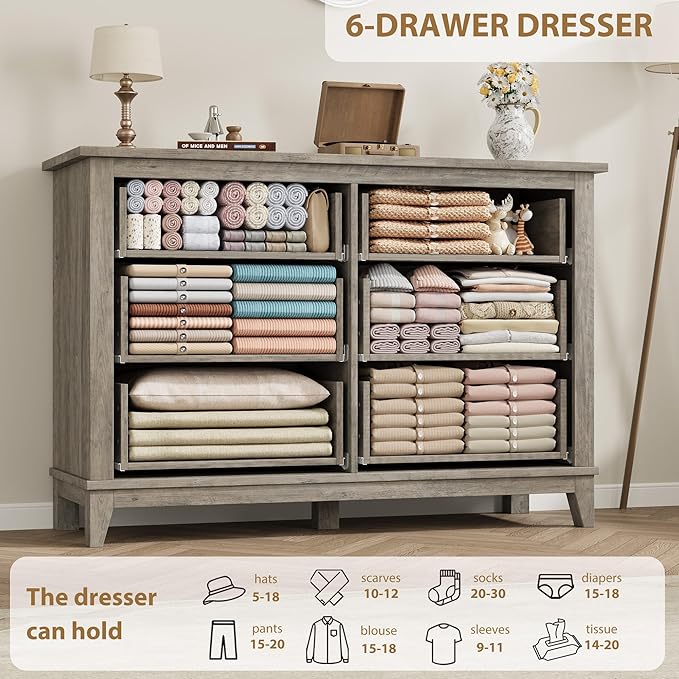 GarveeHome 6 Dresser for Bedroom, 47 in Wide Drawer Dresser with Storage Freestanding, Wooden Closet Storage Chest for Living Room, Bedroom, Entryway, Grey