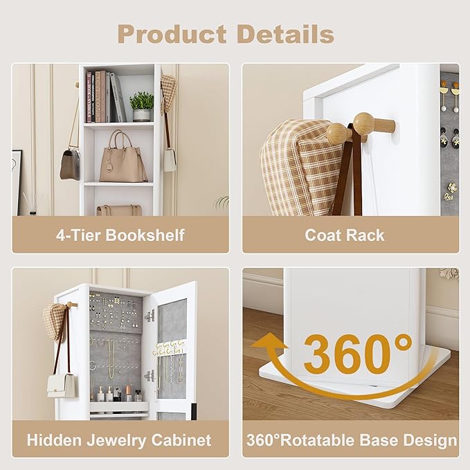 Montary 360° Rotating Makeup & Jewelry Cabinet with Full-Length Mirror - Standing Storage Organizer with Coat Rack, 4-Tier Open & Built-in Shelves, White