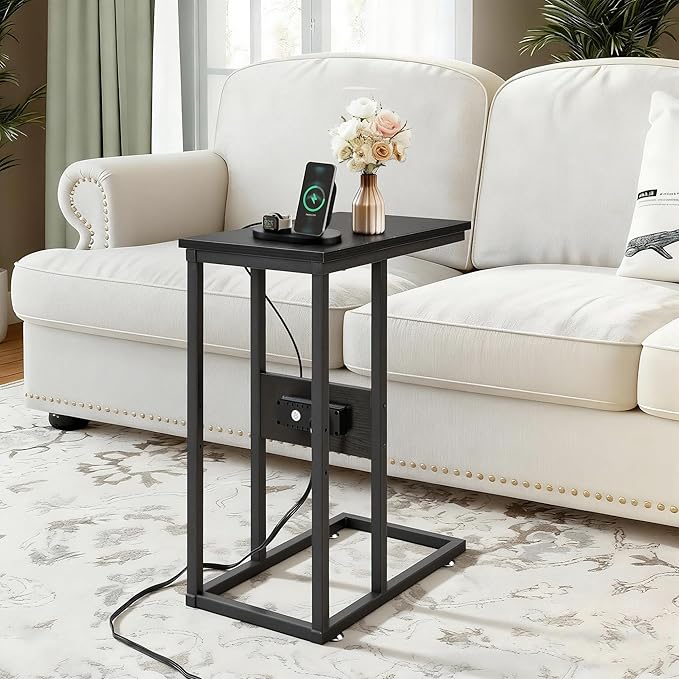VECELO C Shaped End Side Table with Charging Station & Power Outlets for Couch Sofa/Bed, Snack TV Tray with Metal Frame for Living Room Bedroom 2 PCS, Black