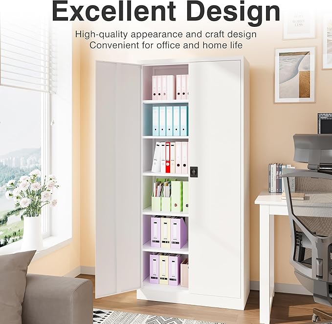 SISESOL White Metal Storage Cabinet with 5 Adjustable Shelves,71" Tall Metal Cabinet with Locking Doors,Steel Cabinet with Lock,Lockable Storage Cabinets for Home,Office,Kitchen,Laundry,Pantry