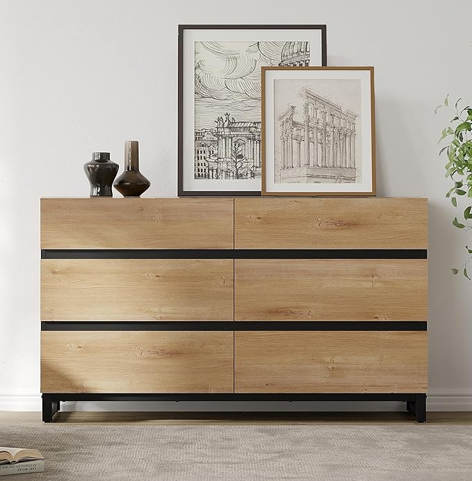 WAMPAT Dresser for Bedroom, Modern Wood Dresser with 6 Drawers, Chest of Drawers with Metal Base, Closet Organizers for Living Room, Entryway, Oak