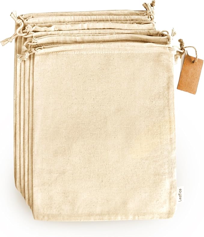 LEAFICO Cotton Storage Bags – X-Large 14x17 Inch (6-Pack) – Reusable Muslin Bags with Drawstrings – Biodegradable Canvas Fabric Sacks – Perfect for Bread, Bulk Produce, Potatoes, Onions, Shoes