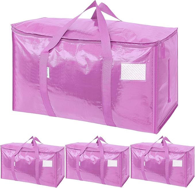 TICONN 4 Pack Extra Large Moving Bags with Zippers & Carrying Handles, Heavy-Duty Storage Tote Moving Boxes for Space Saving (4 Pack, Pink)