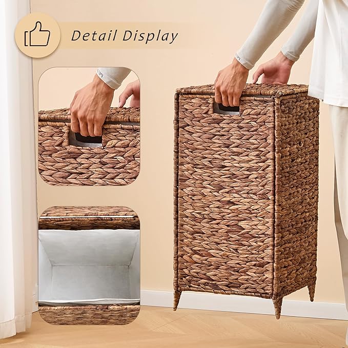 Handwoven Laundry Hamper with Lid, Natural Water Hyacinth Heightened Feet Laundry Basket, Wicker Clothes Hamper with Removable Liner Bag