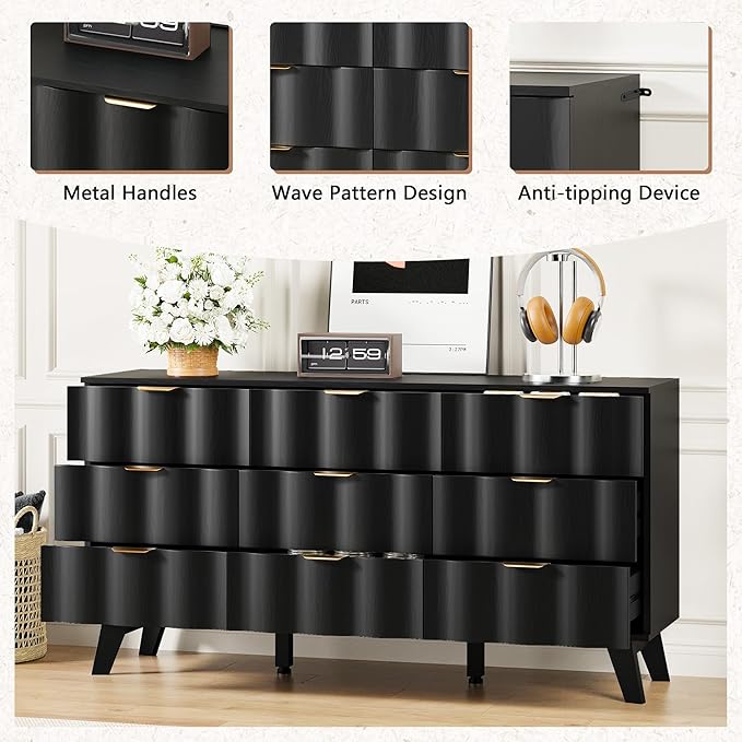 9 Drawer Dresser, Modern Fluted Storage Dresser with Deep Drawers and Metal Handles, Wood Chest of Drawers Storage Organizer for Bedroom, Living Room, Hallway (Black)