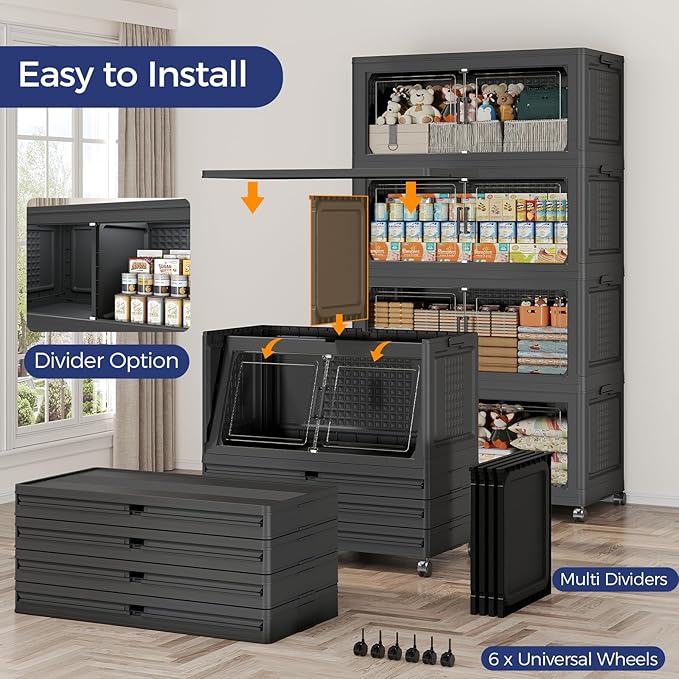 150Gal Stackable Storage Bins with Lid, 600Qt Extra Large Collapsible Storage Box with Wheels, Dividers, Folding Plastic Cabinet Closet Organizers for Home Kitchen Office Dorm, 3Pack Black
