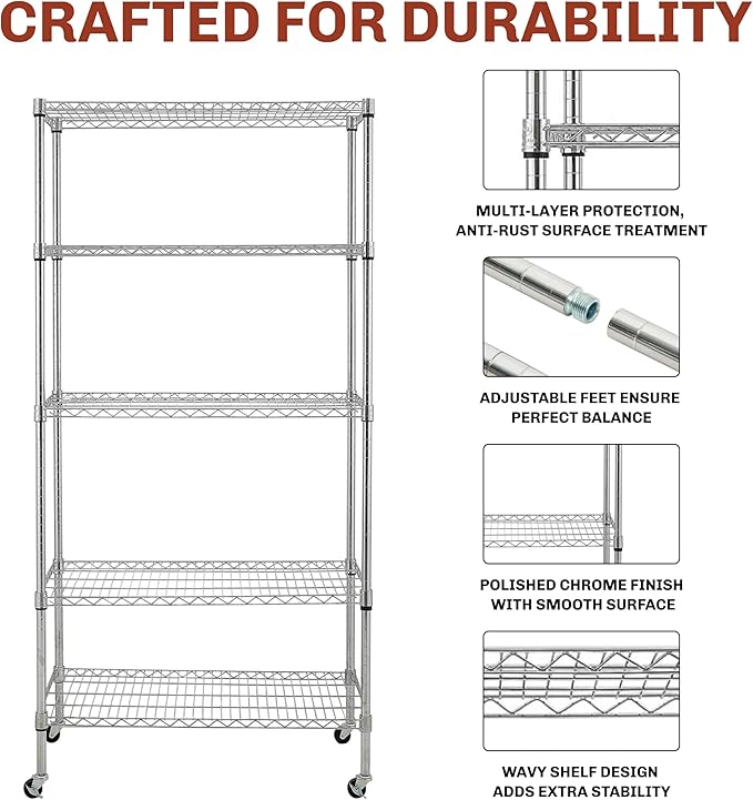 5-Tier NSF-Certified Steel Storage Shelves Rack - Garage Shelving Heavy Duty Metal Shelves for Storage - Adjustable Wire Shelving Unit w/ Wheels Shelf Commercial Shelving for Garage, Kitchen & Office