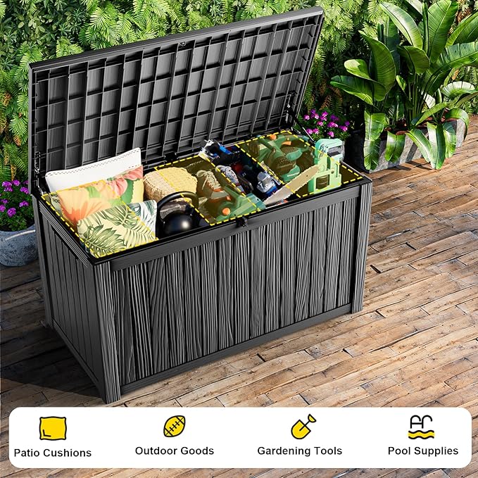 180 Gallon Waterproof Outdoor Storage Box, UV Resistant Resin Deck Box with Hydraulic Rod for Reinforced Stability, Perfect for Patio, Garden, and Pool, Striped Black