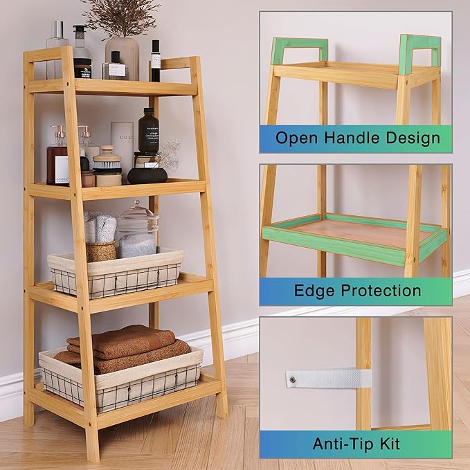 SMIBUY Bamboo Ladder Bookcase, Bathroom Storage Rack Organizer, 4 Tier and 5 Tier Freestanding Plant Display Stand Space Saver Shelves for Bedroom, Kitchen, Balcony (Natural, 4 Tiers (39" H))