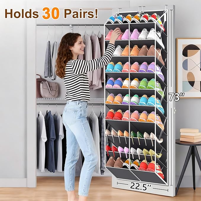 30 Pairs Over the Door Shoe Organizer, Clear Pockets Hanging Shoe Storage for Closet, 10-Tier Door Shoes Rack Storage Fit All the Family's Sneakers, Boots, Heels, Dark Grey