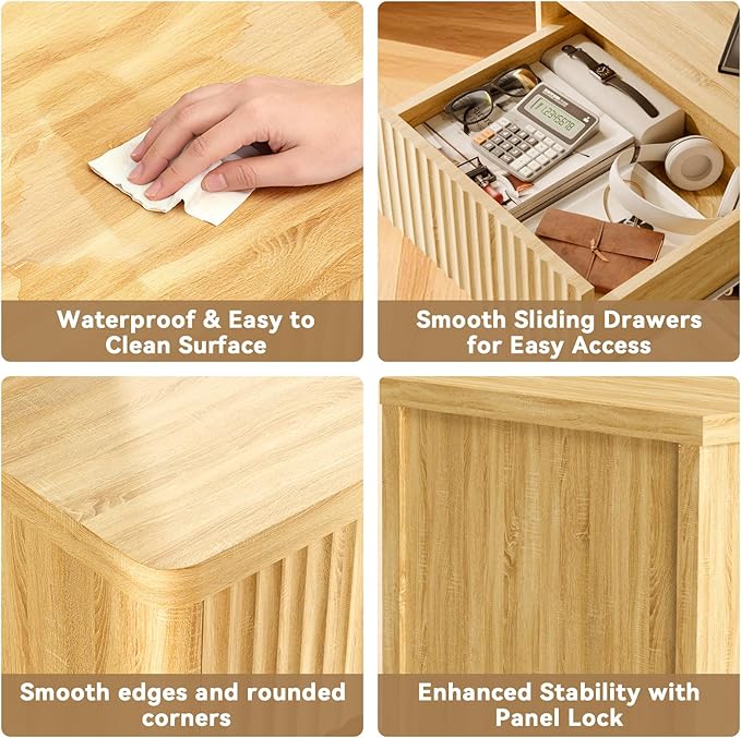 Fluted Nightstands Set of 2, Bedside Tables with Wave Pattern Drawer, Open Shelf & Rounded Corners, Modern Wood End Table for Small Space, Bedroom Decor