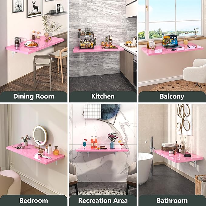 Clikuutory Wall Mounted High Gloss Folding Table, Wall Desk Fold Down for Small Spaces, Folding Workbench for Laundry Room, Home Office, Kitchen, Bedroom, Home Bar, Pink (39.4"×19.7")