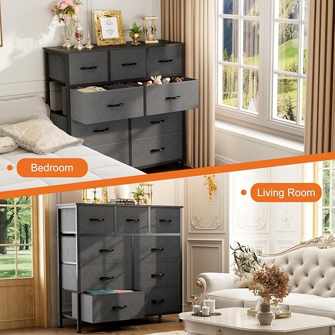 Sweetcrispy 9-Drawer Fabric Dresser Storage Tower with Wood Top and Steel Frame, Organizer Chest with Easy Pull Handles for Bedroom, Closet, Hallway,Modern Gray