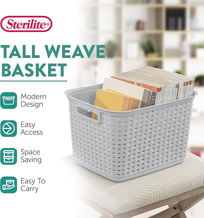 Sterilite 6-Pack Tall Weave Basket, Wicker-Style Plastic Open Storage Bin, Cement Gray - Multi-Purpose Decorative Organizer for Laundry Area, Shelves, Closets, Pantries, Living Rooms or Offices