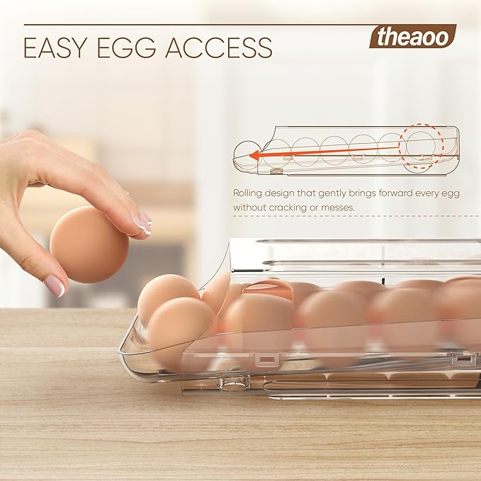 theaoo Egg Holder for Fridge, Automatic Rolling Egg Container for Refrigerator, Clear Plastic Egg Dispenser, Stackable Eggs Organizer with Quick Removable inner Tray For Organizers and Storage, 3 Pack