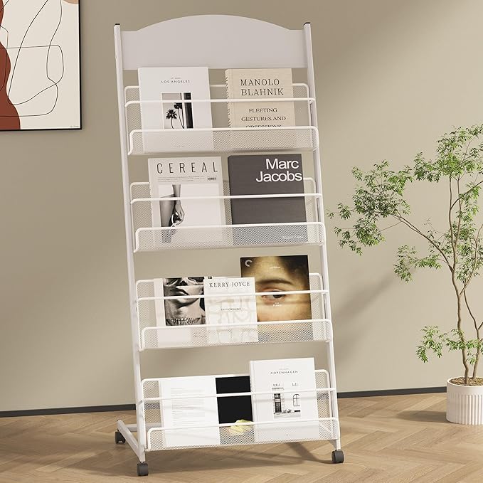 lesolar Floor-Standing Magazine Rack 4-tier Newspaper Holder Book Display Shelf Brochure Display Stand Floor Suitable for Exhibitions Shopping Malls Hospitals Offices School（Silvery