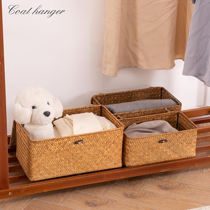Nonam Storage Basket with Lid, Natural Seagrass Bin with Lid Set of 3, Shelf Baskets Multipurpose Container for Boho Decoration, Rectangular Household Storage Boxes for Home Organization