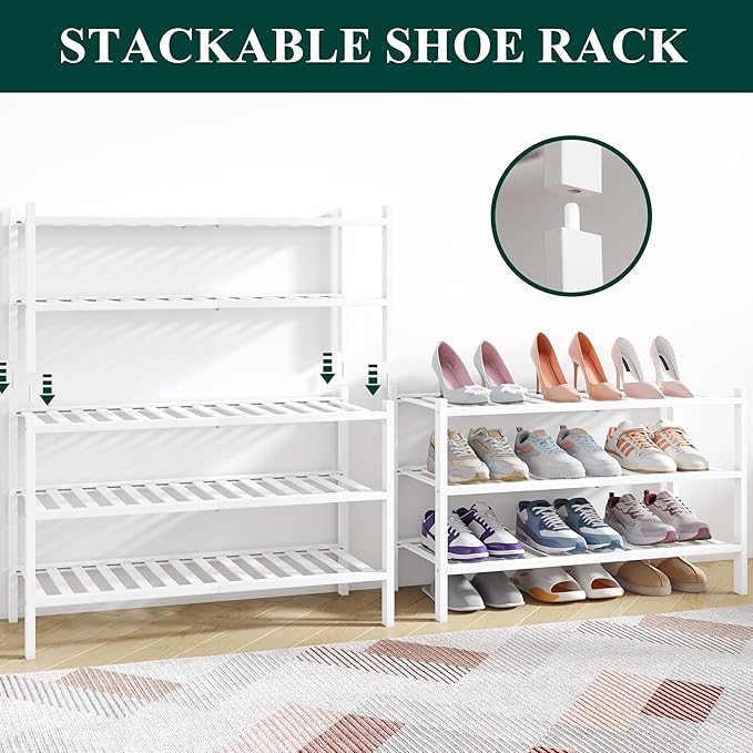 Smiry Bamboo Shoe Rack for Closet, 3 Tier Wooden Stackable Shoe Organizer, Free Standing Shoes Storage Shelf for Entryway, Front Door Entrance, White