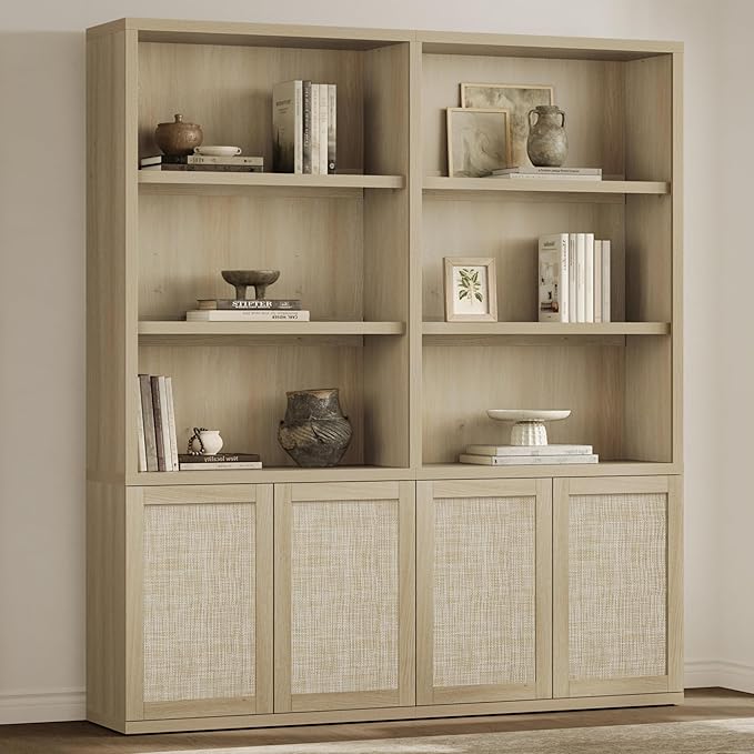 SICOTAS 70.5" Tall Bookshelf - 5-Tier Rattan Bookcase with Storage Cabinet Large Farmhouse Book Shelves with Doors, Boho Bookshelves for Living Room Home Office Library(Sand Oak, 2 Pieces)