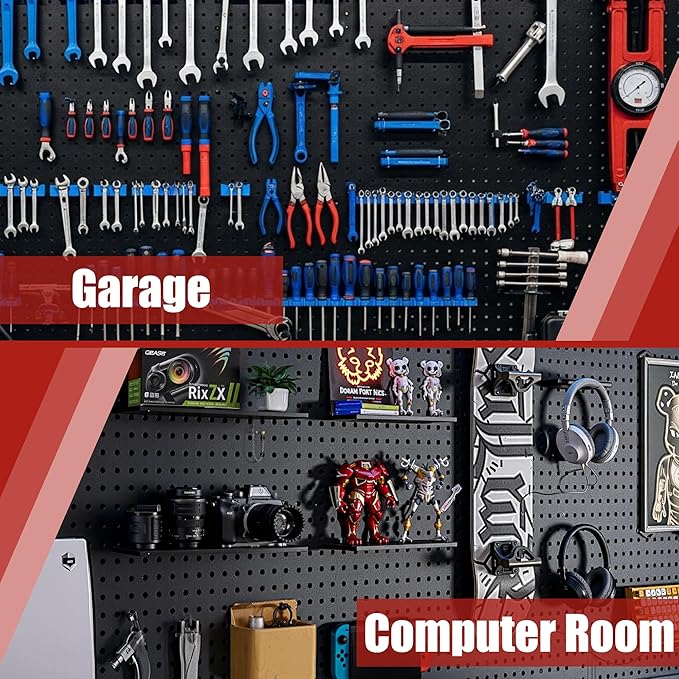 4 Pack Metal Pegboard Panels with 50 Hooks, Black Pegboard Wall Organizer, Pegboard Accessories, Heavy Duty Garage Tool Storage System for Workbench, Workshop, Office, Craft Room